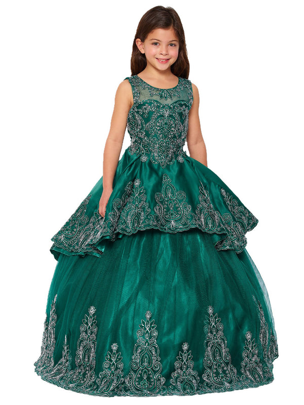 Little Girls Hunter Green Metallic Coiled Embroidered Flower Girl Dress 2-6 - SophiasStyle.com